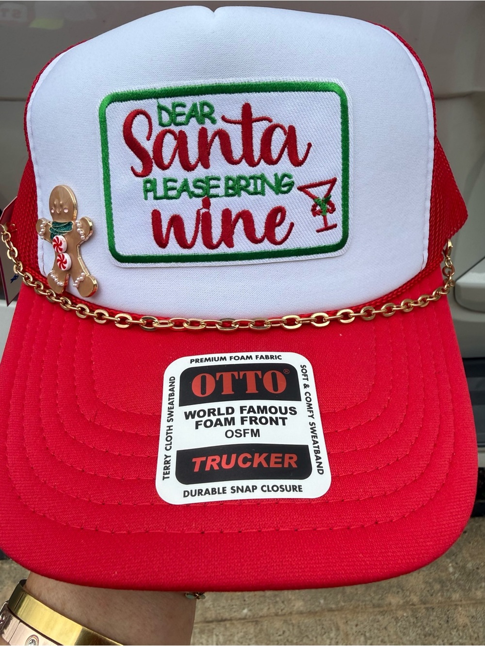 OTTO Red & White Holiday Trucker Hat with Gold Chain and Gingerbread Pin
